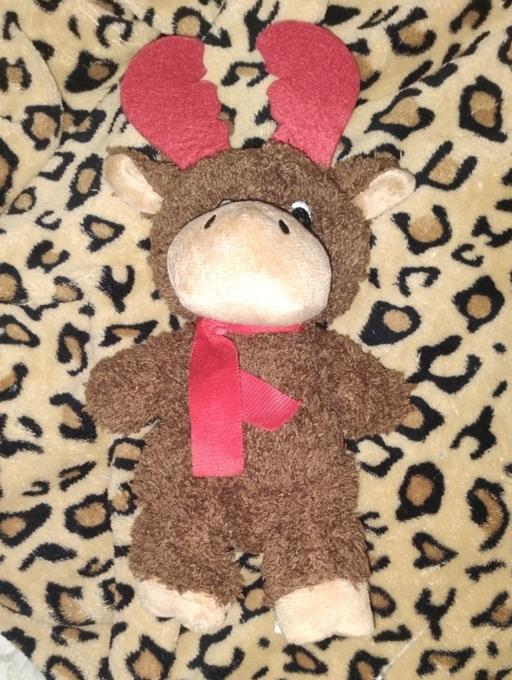 Brown Plush Moose Toy with Red Antlers and Scarf - Kids Toy